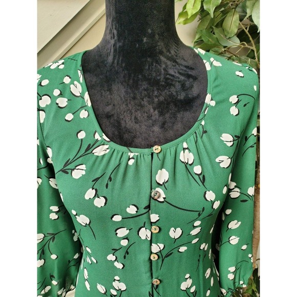 Les Serien Green Floral Polyester Scoop Neck Long Sleeve Knee Length Dress S - Picture 5 of 12
